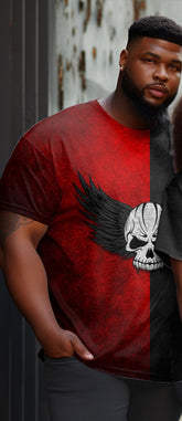 Couple Large Size Skull Wings Color Block Round Neck Short Sleeve T-Shirt